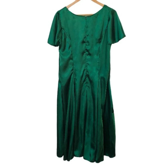 Vintage Handmade Emerald Green Satin Flowy  Front Slit Formal V-Neck Dress - Picture 2 of 6